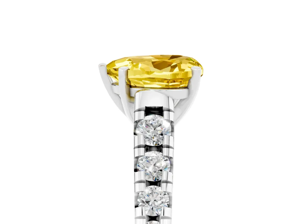 Heart Cut Yellow Sapphire Cathedral Solitaire Ring with Round Pavé Band White gold