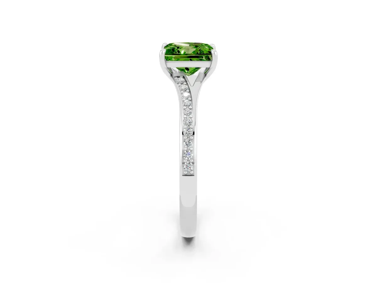 Princess Cut Peridot Solitaire Ring with Pavé Band and Prong Setting Silver