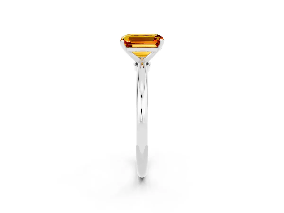 Emerald Cut Citrine Solitaire Ring with Six-Prong Setting and Classic Band Platinum