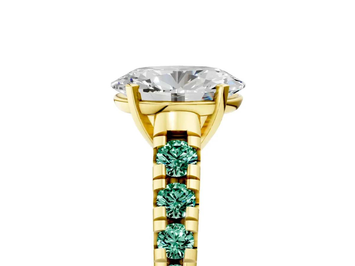 Oval Cut Diamond Cathedral Solitaire Ring with Round Green Sapphire Pavé Band Yellow gold
