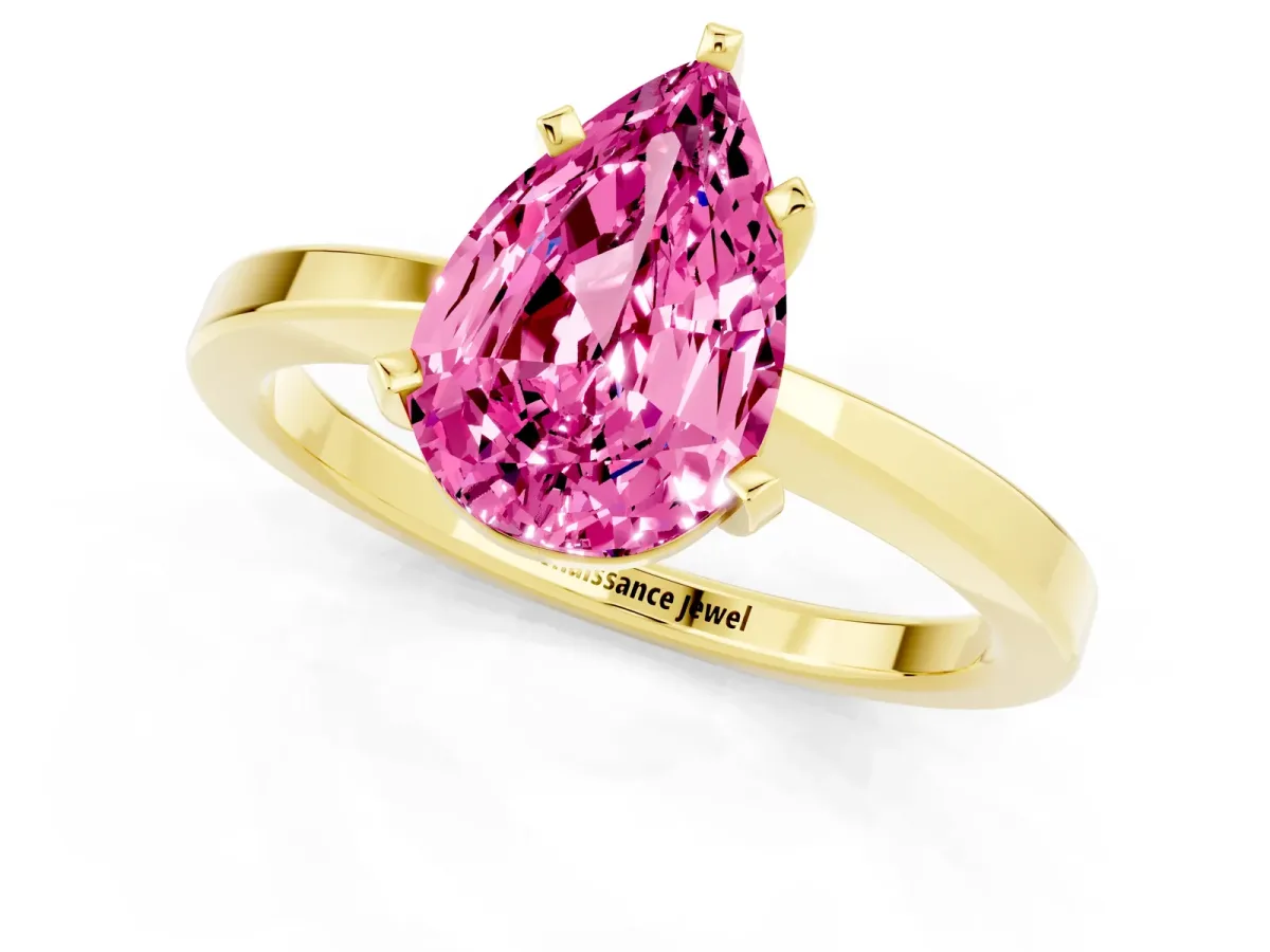 Pear Cut Pink Sapphire Solitaire Engagement Ring with Classic Band and Four-Prong Setting Yellow gold