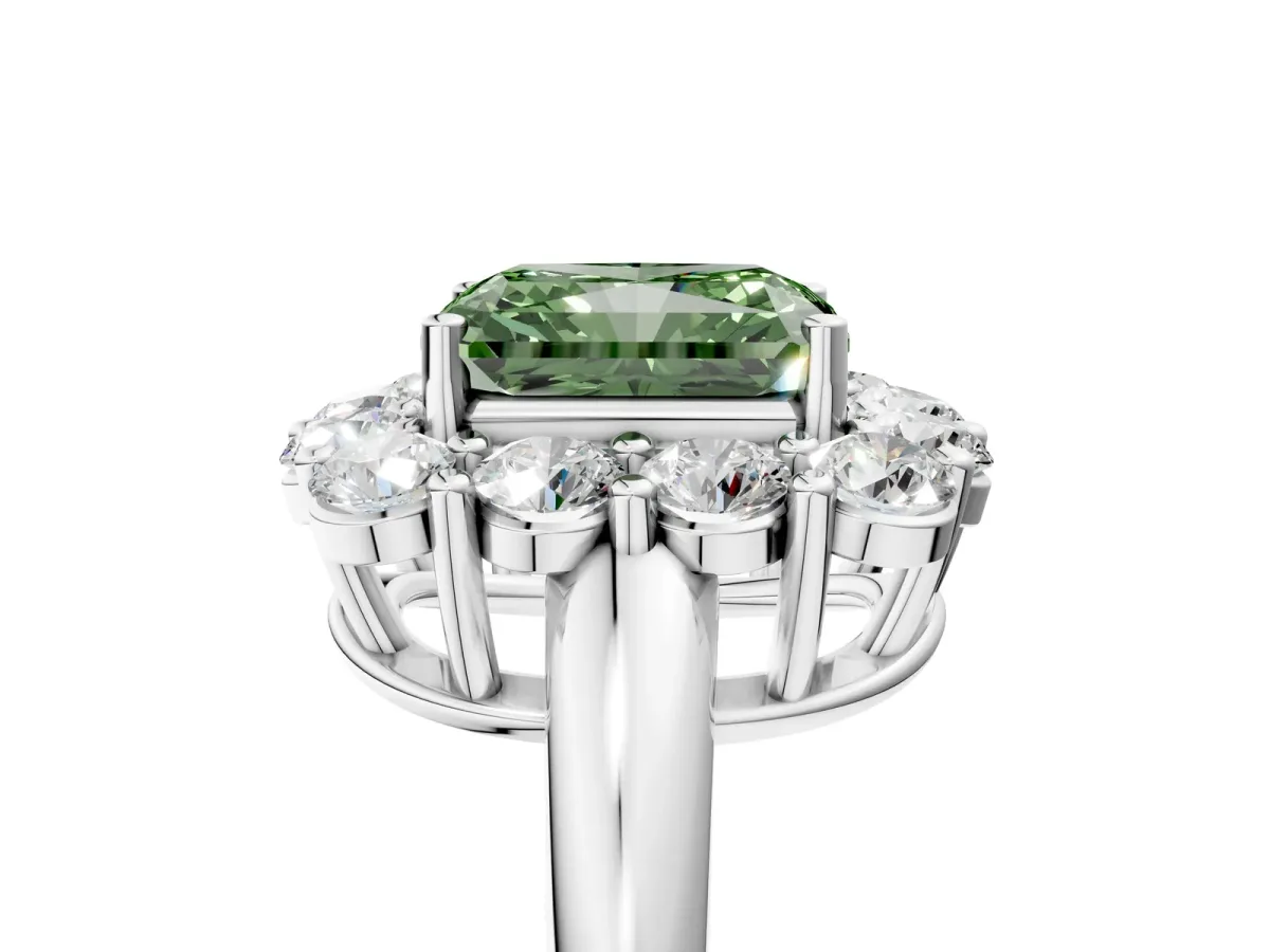 Fancy Green Radiant Cut Halo Cluster Diamond Engagement Ring with Prong Setting and Polished Band Platinum