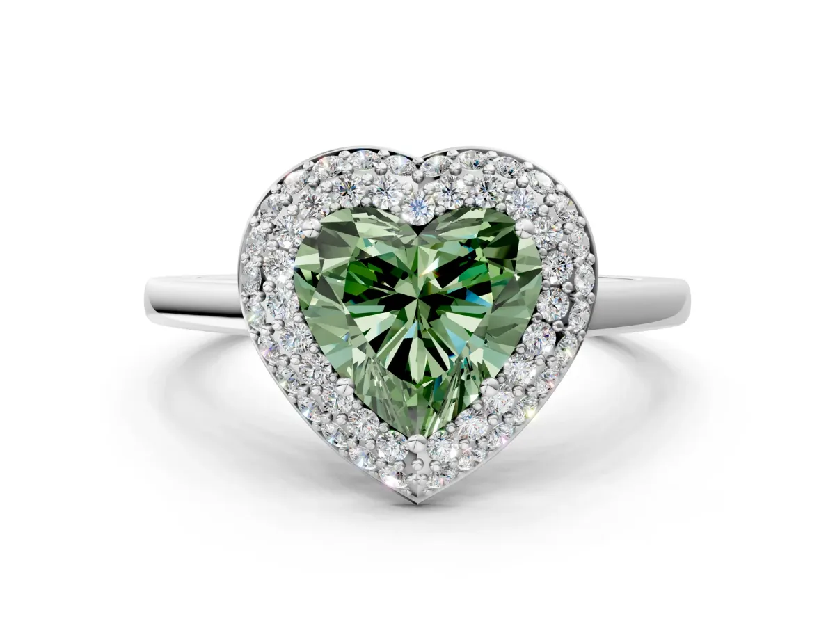 Fancy Green Heart Cut Halo Diamond Engagement Ring with Solitaire Band and Four-Prong Setting Platinum