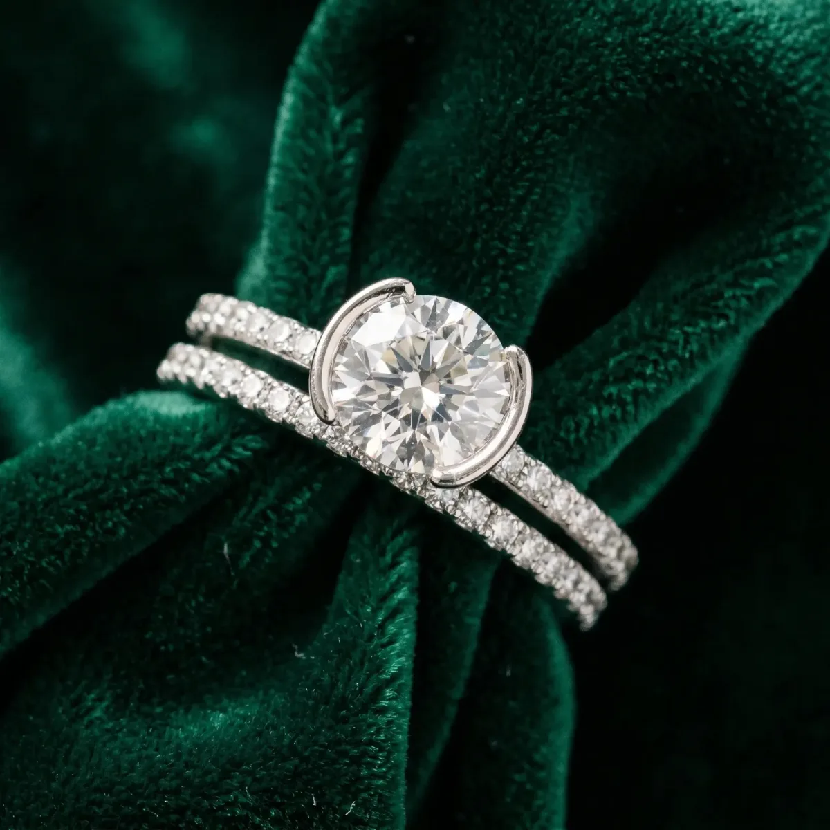 Round Cut Cut Diamond Pave Band Tension Setting Engagement Ring White gold