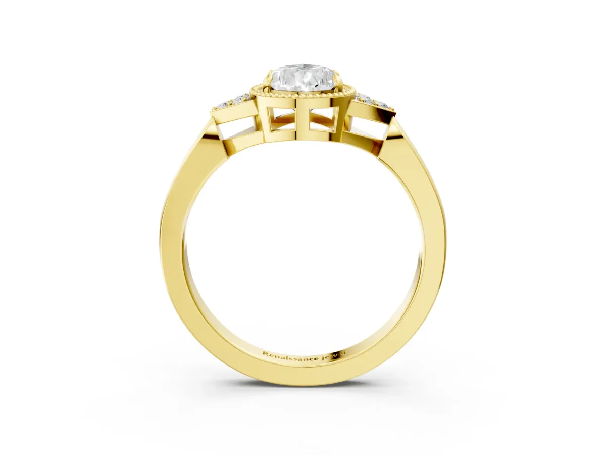 Milgrain Pear Cut Cut Diamond Ring with Tapered Pave Band and Four Prong Setting Yellow gold