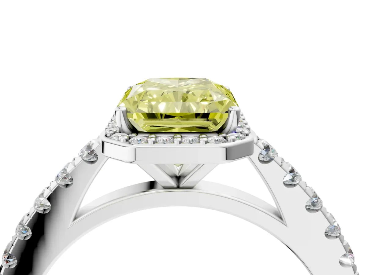 Fancy Yellow Radiant Cut Cut Halo Diamond Engagement Ring with Pave Band and Four-Prong Setting Platinum