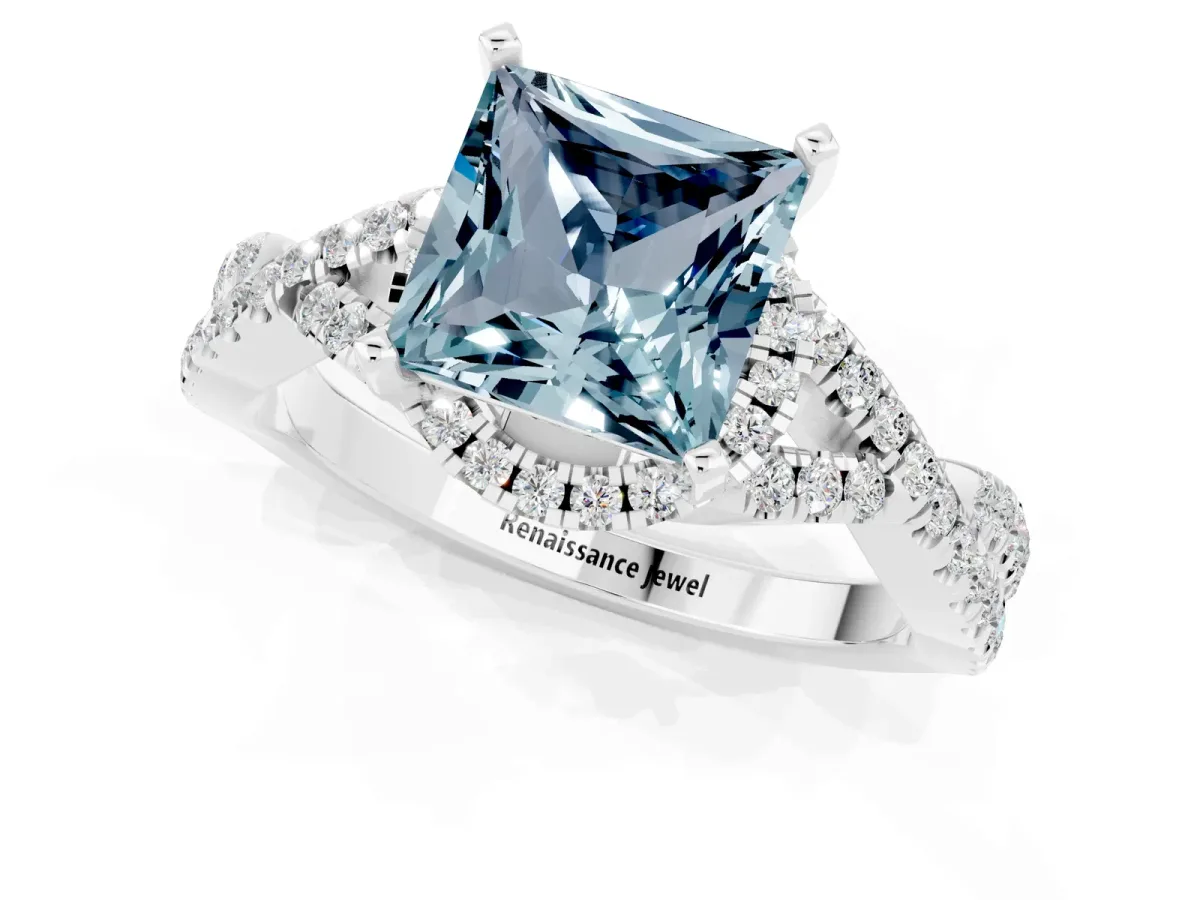Princess Cut Aquamarine Halo Twist Band Solitaire Prong Setting Ring White gold