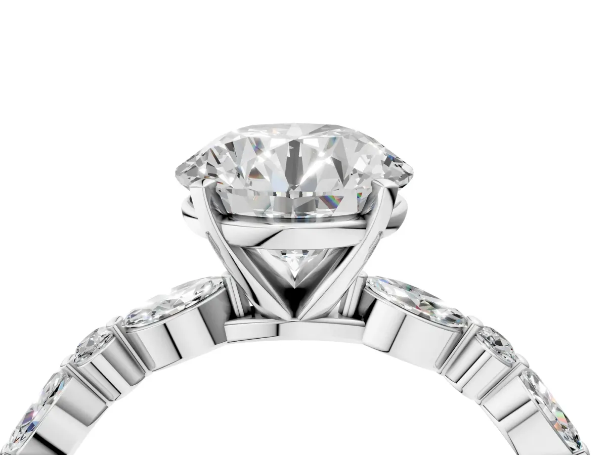 Round Cut Diamond Ring with Marquise and Round Moissanite Side Stones and Four-Prong Setting White gold