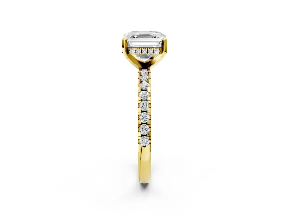 Asscher Cut Diamond Solitaire Ring with Round Moissanite Pavé Band and Four-Prong Setting Yellow gold