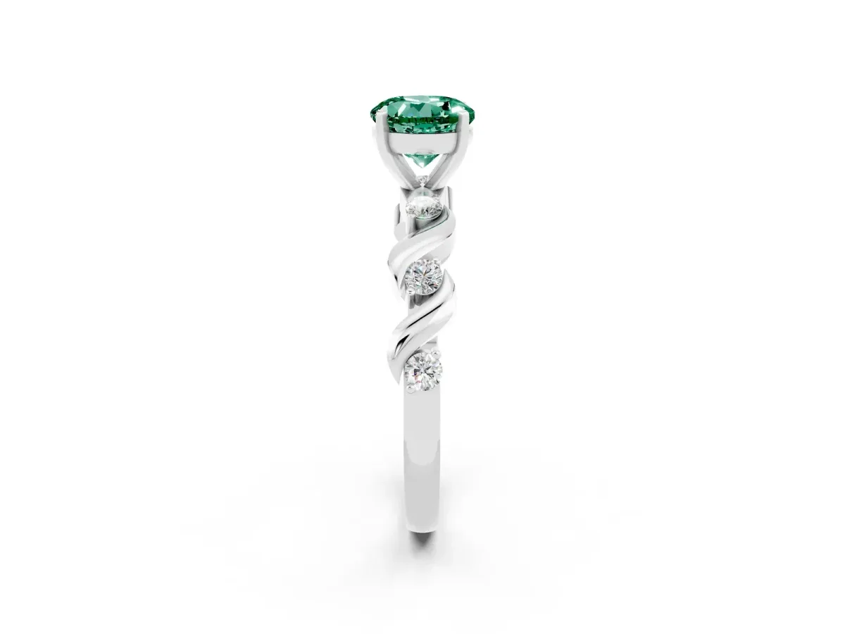 Round Cut Green Sapphire Solitaire Twisted Band with Round Accents and Prong Setting White gold