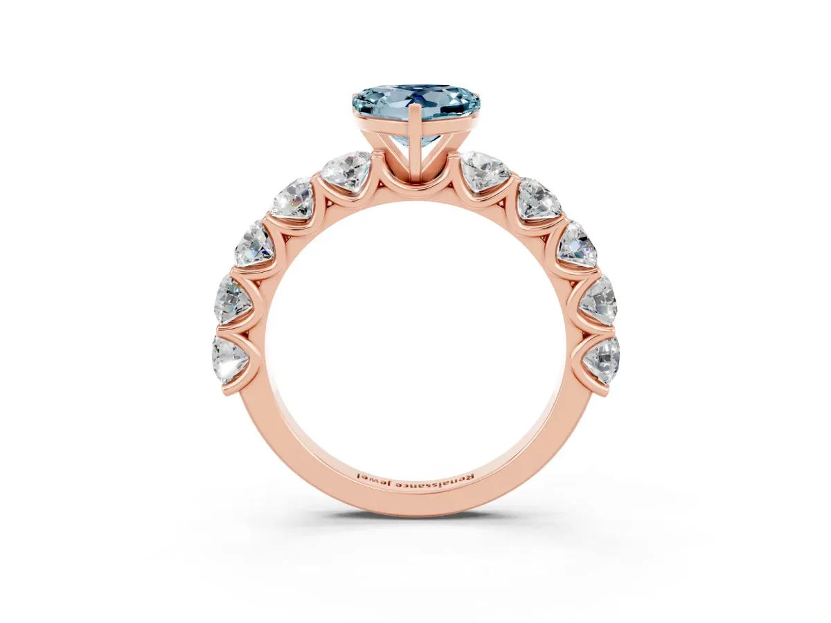 Heart Cut Aquamarine Prong Setting with Side Stones on a Pave Band Rose gold