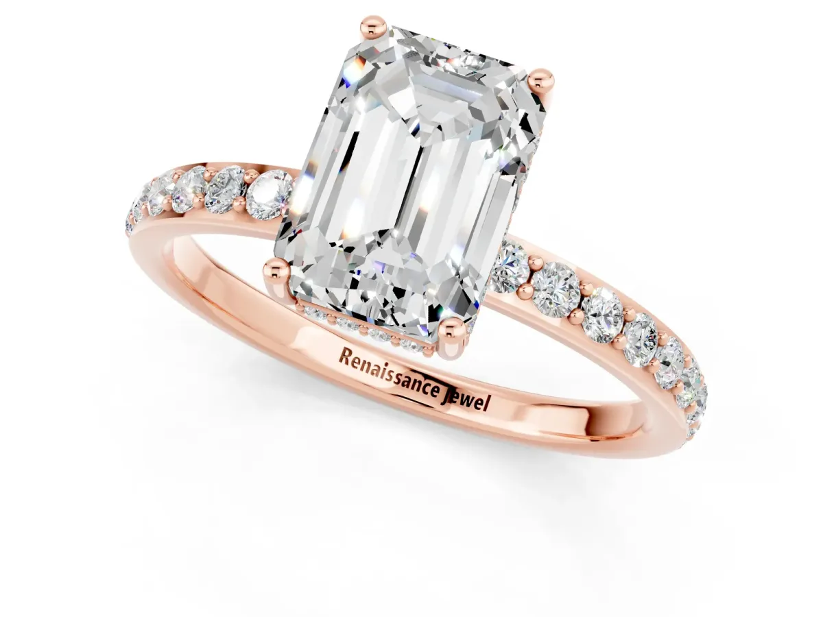 Emerald Cut Moissanite Solitaire Ring with Pavé Band and Hidden Halo Rose gold