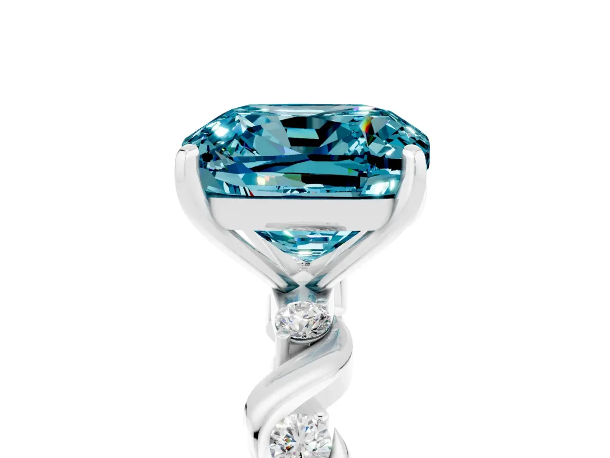 Cushion Cut Blue Topaz Solitaire Twisted Band with Round Accents and Prong Setting White gold