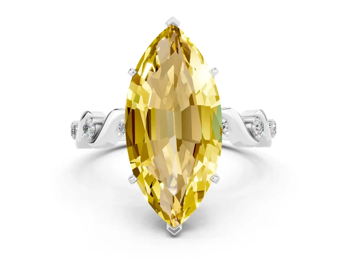 Marquise Cut Yellow Sapphire Solitaire Twisted Band with Round Accents and Prong Setting Platinum