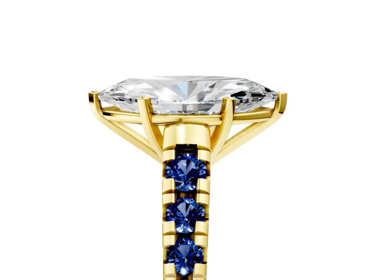 Marquise Cut Diamond Cathedral Solitaire Ring with Round Blue Sapphire Pavé Band Yellow gold