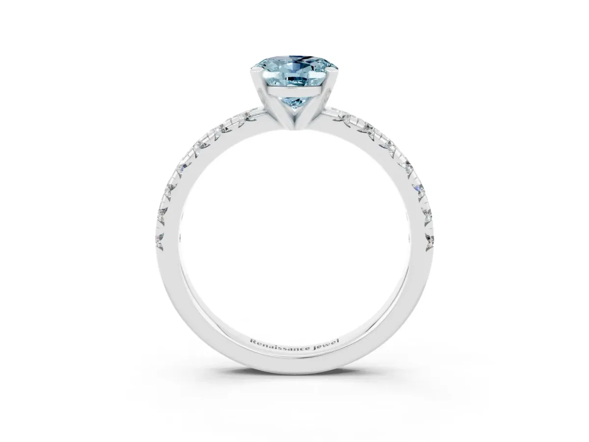 Oval Cut Aquamarine Solitaire Pavé Engagement Ring with Round Band and Prong Setting White gold