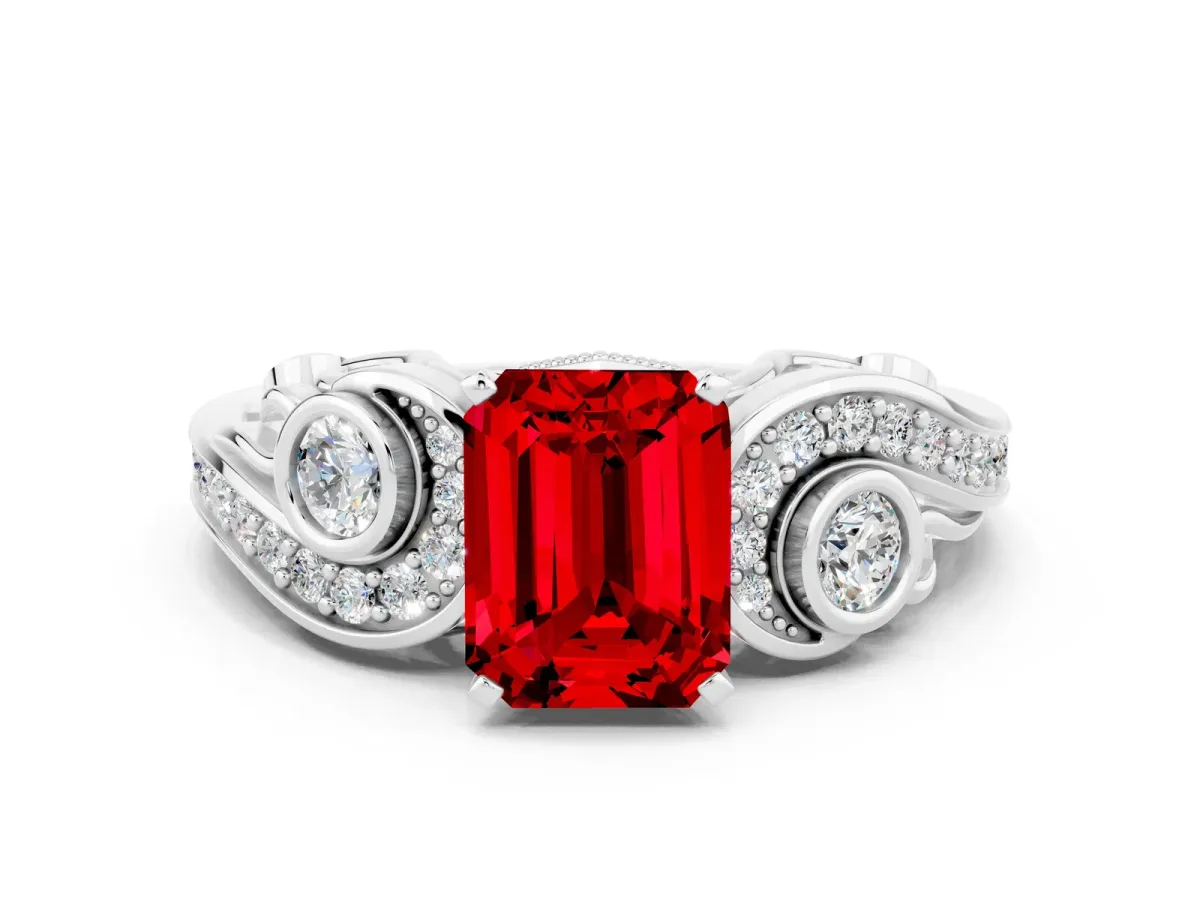 Emerald Cut Ruby Solitaire Ring with Milgrain Pavé Band and Four-Prong Setting Platinum