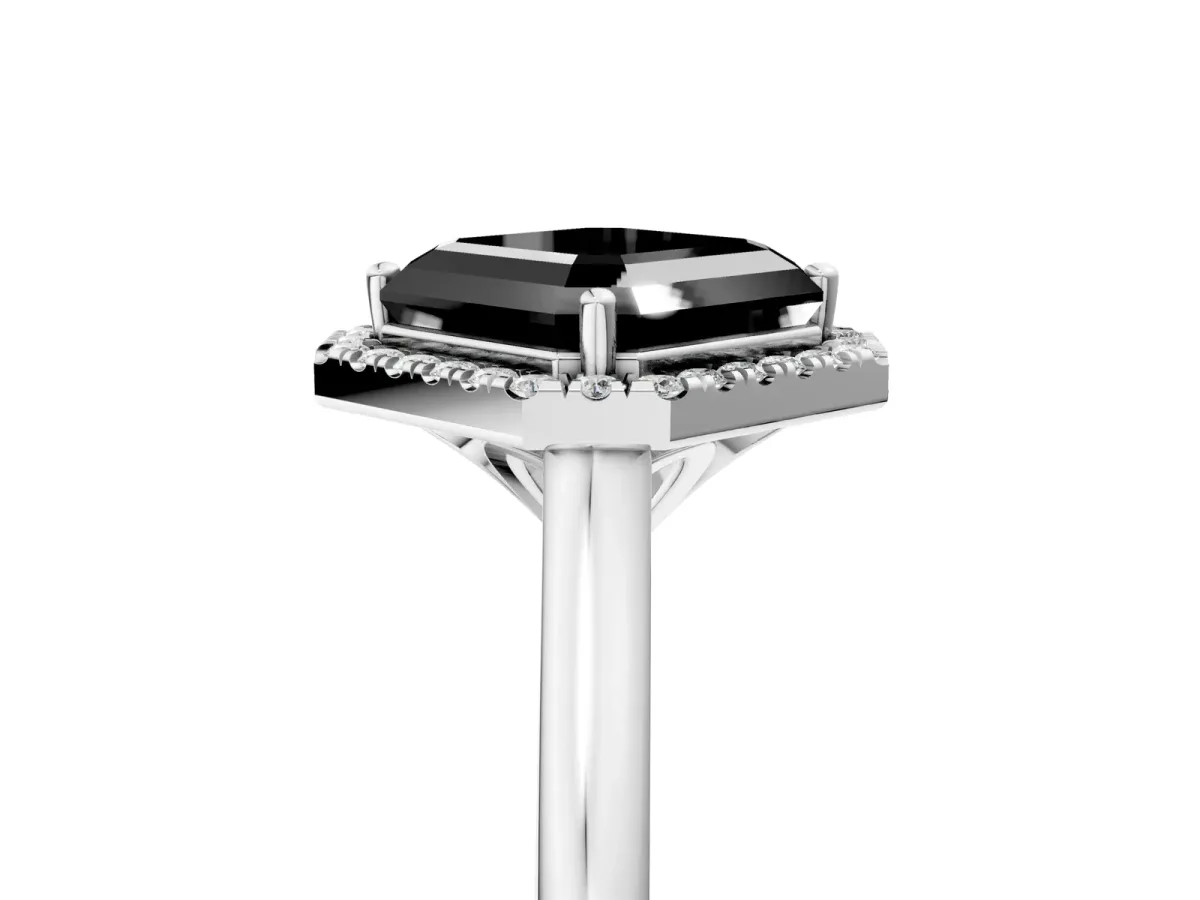 Fancy Black Asscher Cut Halo Round Diamond Solitaire Engagement Ring with Pave Band and Four-Prong Setting Platinum