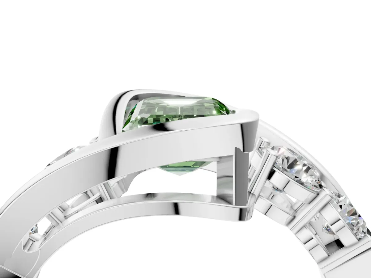 Fancy Green Bezel Set Emerald Cut Diamond Bypass Ring with Round Accents Silver