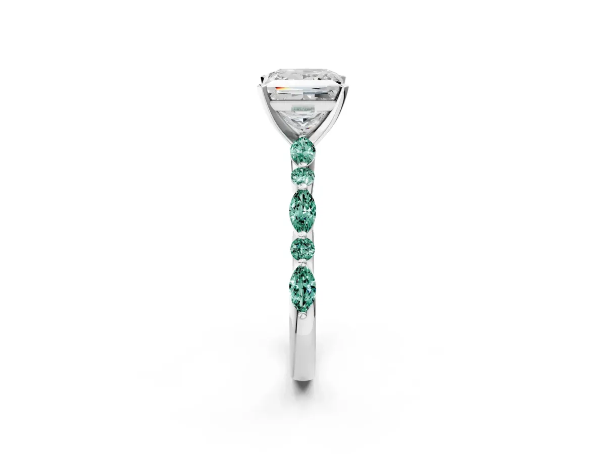 Princess Cut Diamond Ring with Marquise and Round Green Sapphire Side Stones and Four-Prong Setting Platinum