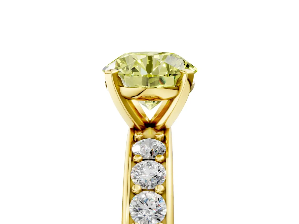 Fancy Yellow Round Cut Diamond Engagement Ring with Channel Set Round Band and Prong Setting Yellow gold