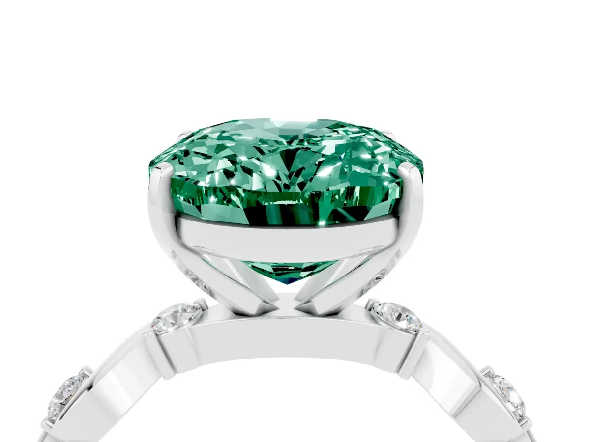 Oval Cut Green Sapphire Solitaire Twisted Band with Round Accents and Prong Setting White gold
