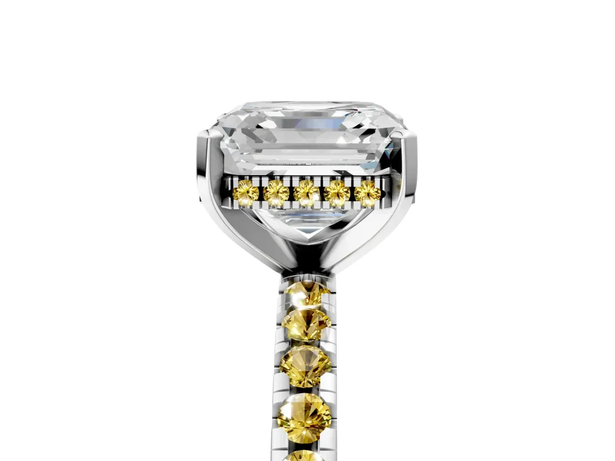 Asscher Cut Diamond Solitaire Ring with Round Yellow Sapphire Pavé Band and Four-Prong Setting White gold