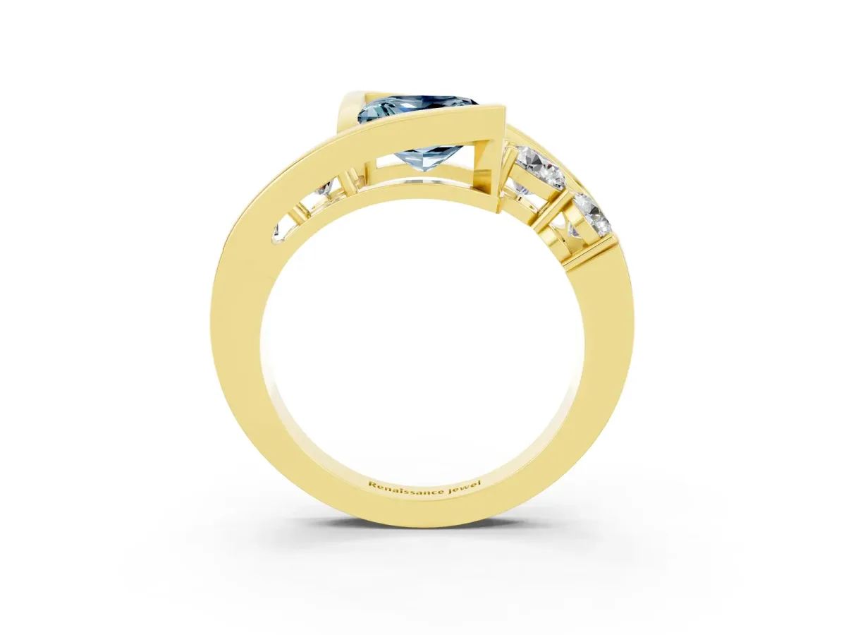 Bezel Set Princess Cut Aquamarine Bypass Ring with Round Accents Yellow gold