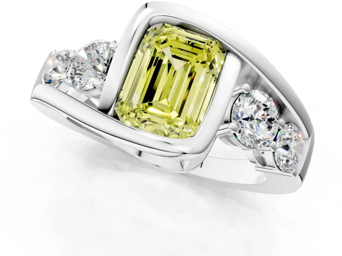 Fancy Yellow Bezel Set Emerald Cut Diamond Bypass Ring with Round Accents Platinum