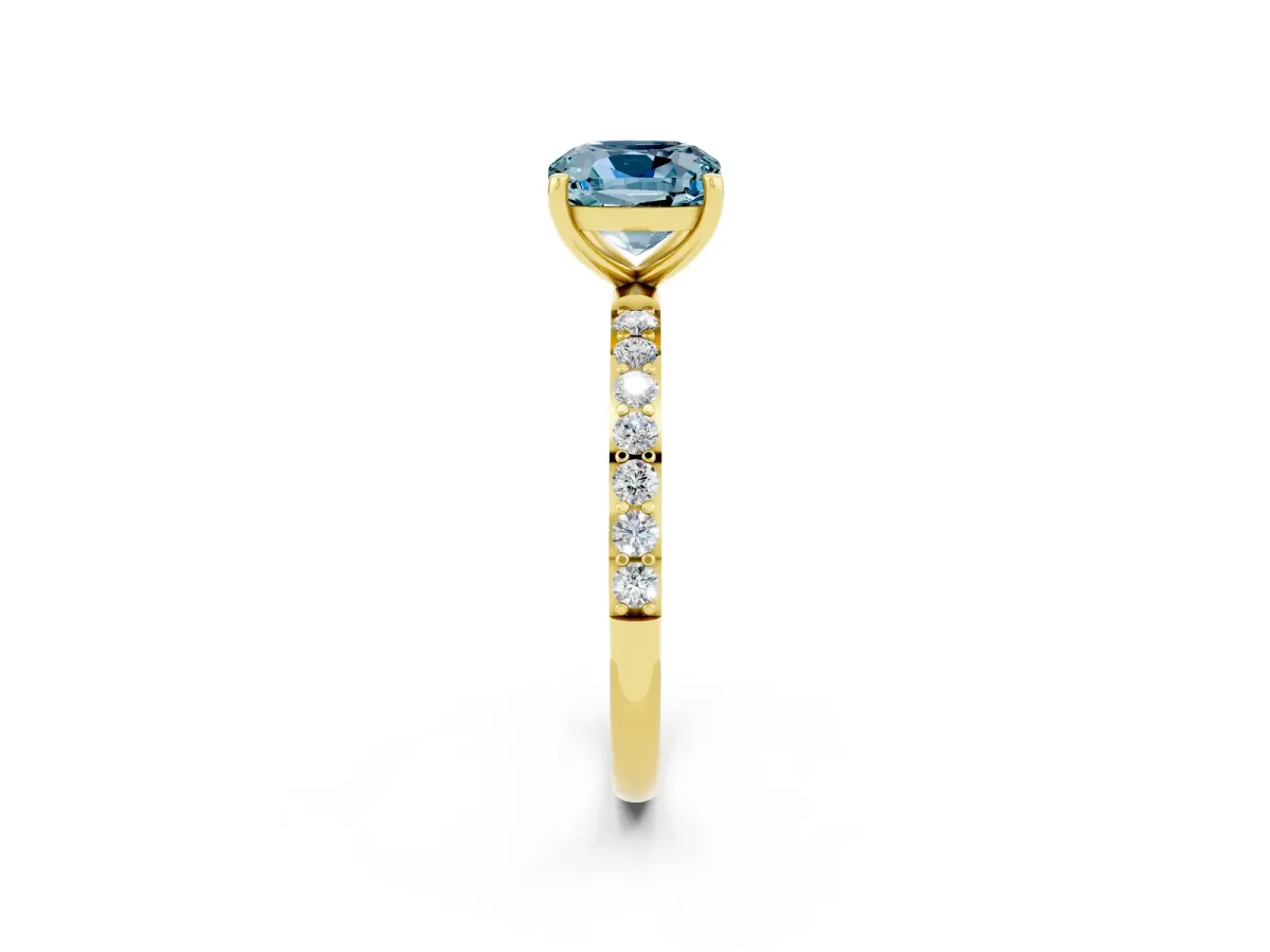 Cushion Cut Aquamarine Solitaire Ring with Round Pavé Band and Prong Setting Yellow gold