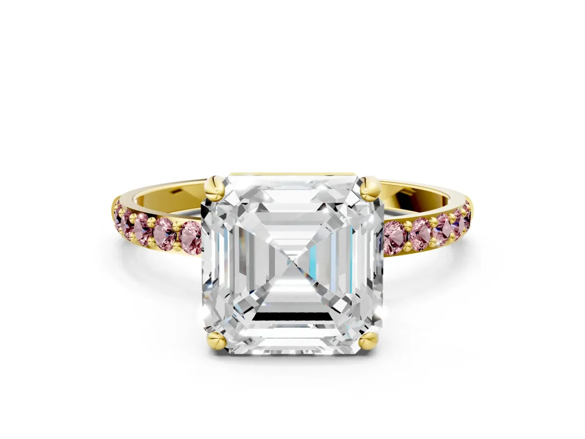 Asscher Cut Diamond Solitaire Ring with Round Morganite Pavé Band and Prong Setting Yellow gold