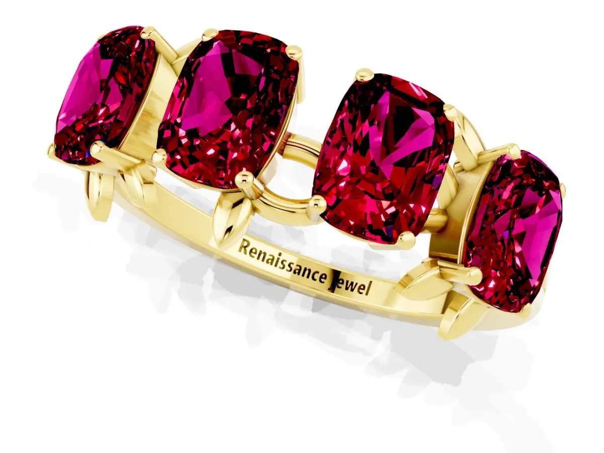 Four-Stone Elongated Cushion Garnet Band with Nature-Inspired Prong Setting Yellow gold