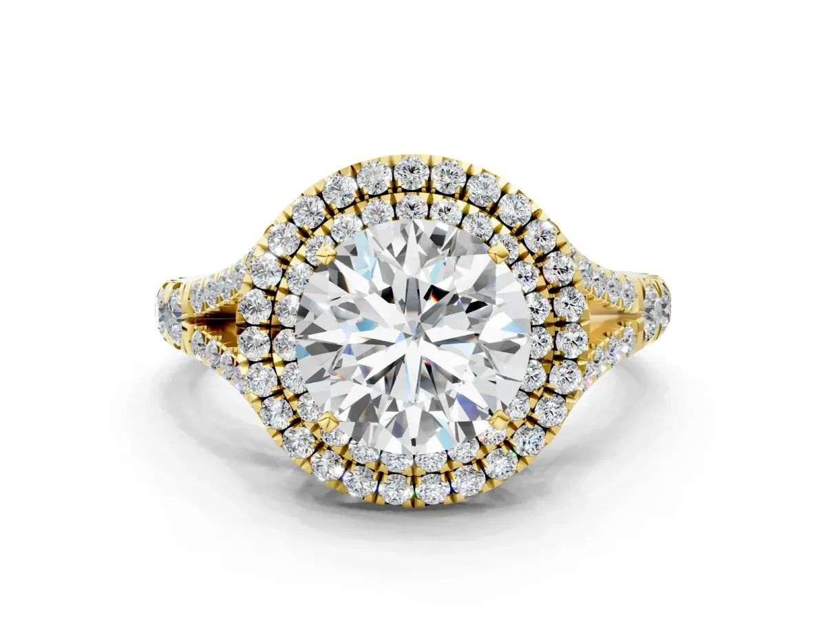 Round Cut Diamond Double Halo Ring with Split Shank and Prong Setting Yellow gold