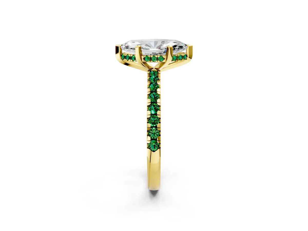 Marquise Cut Diamond Solitaire Ring with Round Emerald Pavé Band and Four-Prong Setting Yellow gold