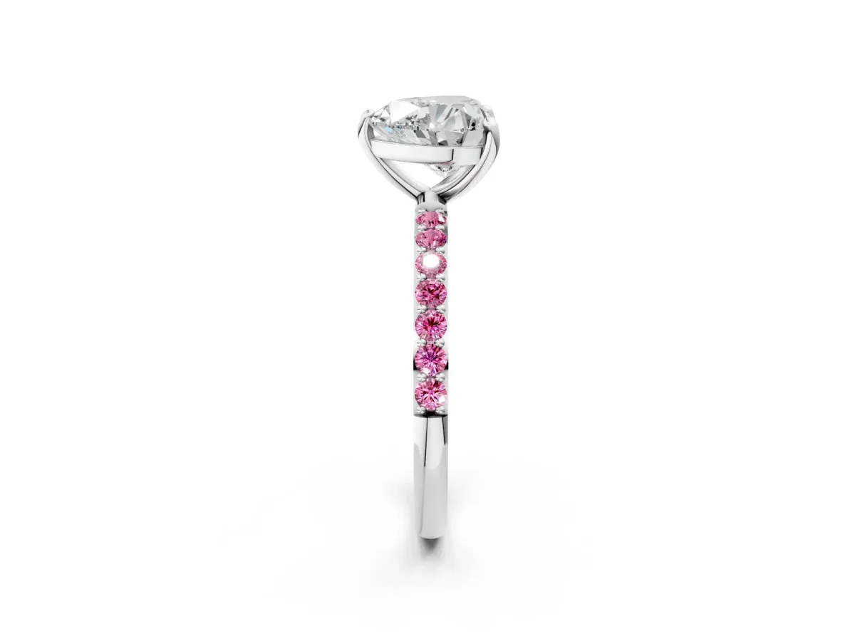 Heart Cut Diamond Solitaire Ring with Round Pink Sapphire Pavé Band and Prong Setting White gold