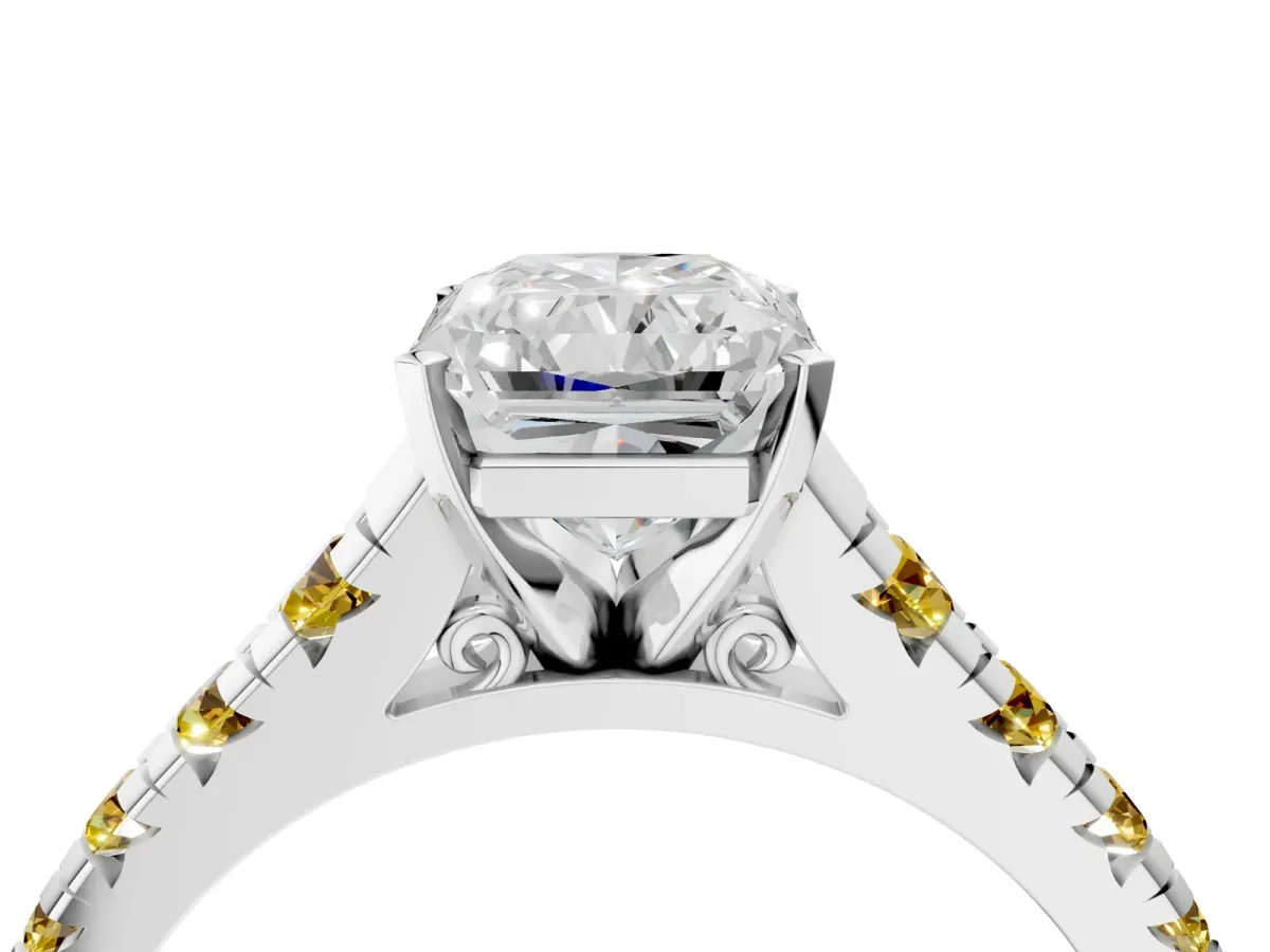 Radiant Cut Diamond Cathedral Solitaire Ring with Round Yellow Sapphire Pavé Band White gold