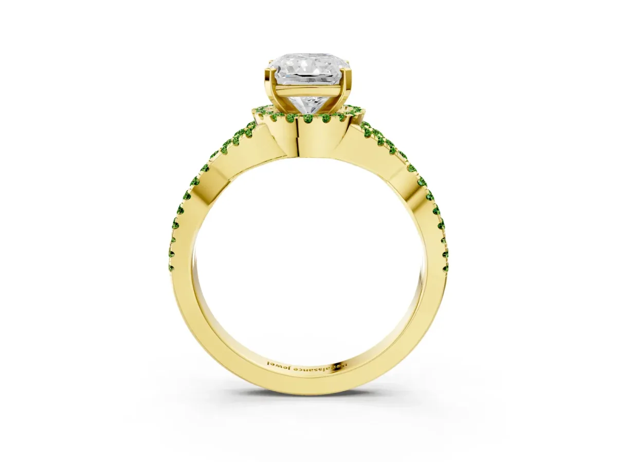 Radiant Cut Diamond Peridot Halo Twist Band Solitaire Prong Setting Ring Yellow gold