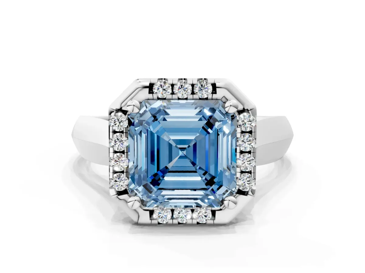 Fancy Blue Asscher Cut Cut Halo Solitaire Engagement Ring with Square Band and Four-Prong Setting White gold