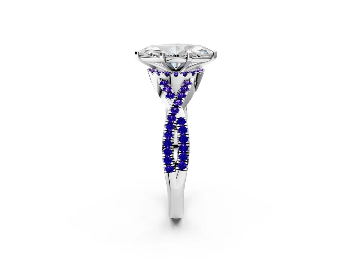 Marquise Cut Diamond Tanzanite Halo Twist Band Solitaire Prong Setting Ring White gold