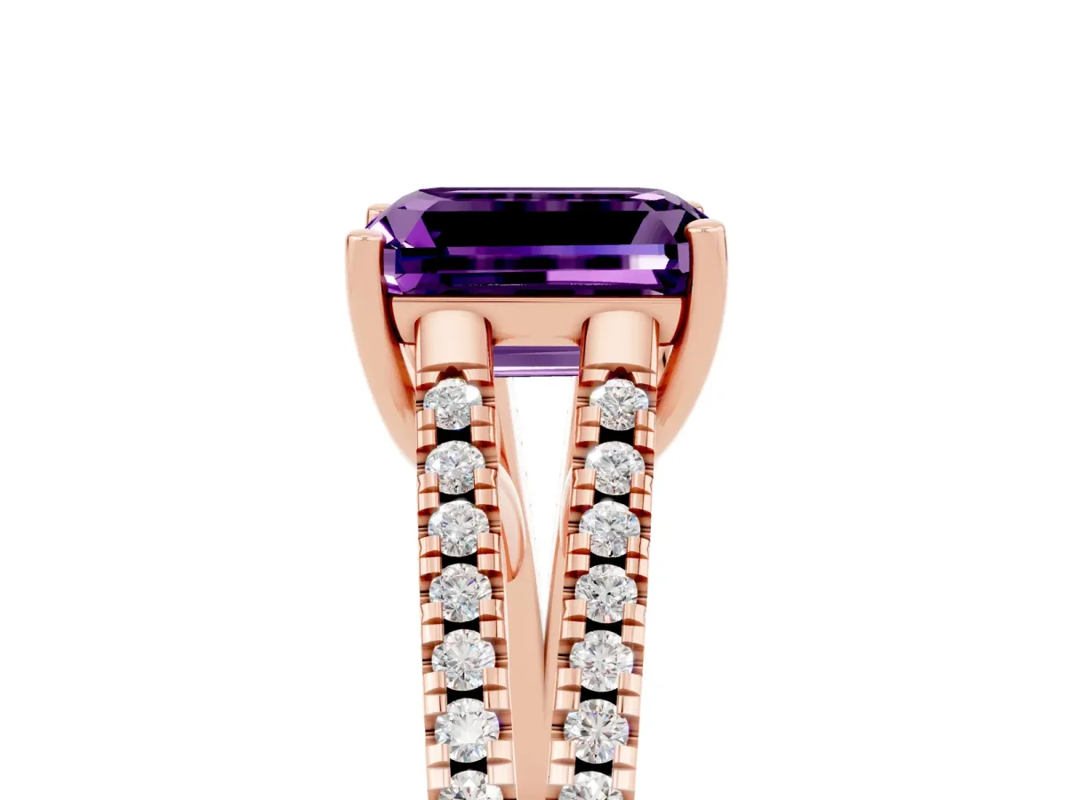 Emerald Cut Amethyst Solitaire Engagement Ring with Split Shank Pavé Band Rose gold