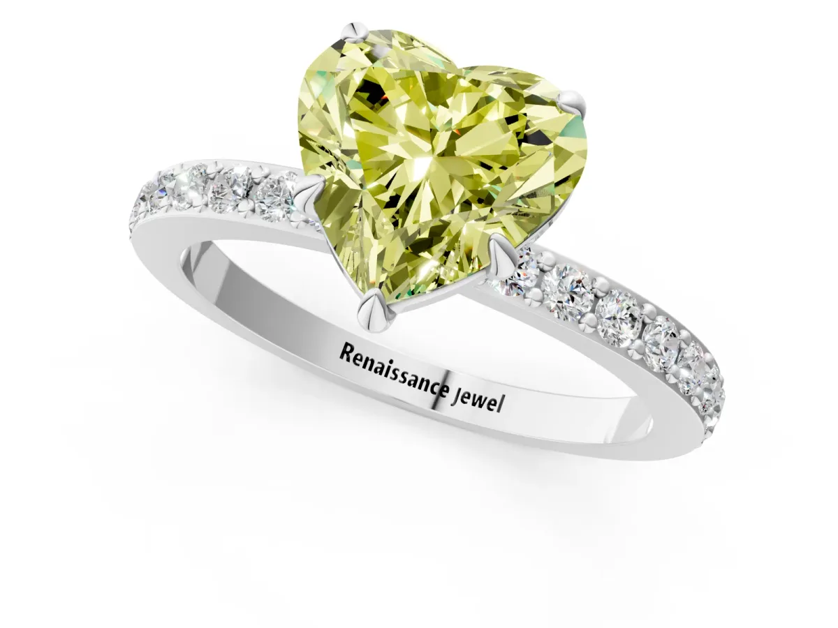 Fancy Yellow Heart Cut Diamond Solitaire Engagement Ring with Pavé Band and Four-Prong Setting White gold