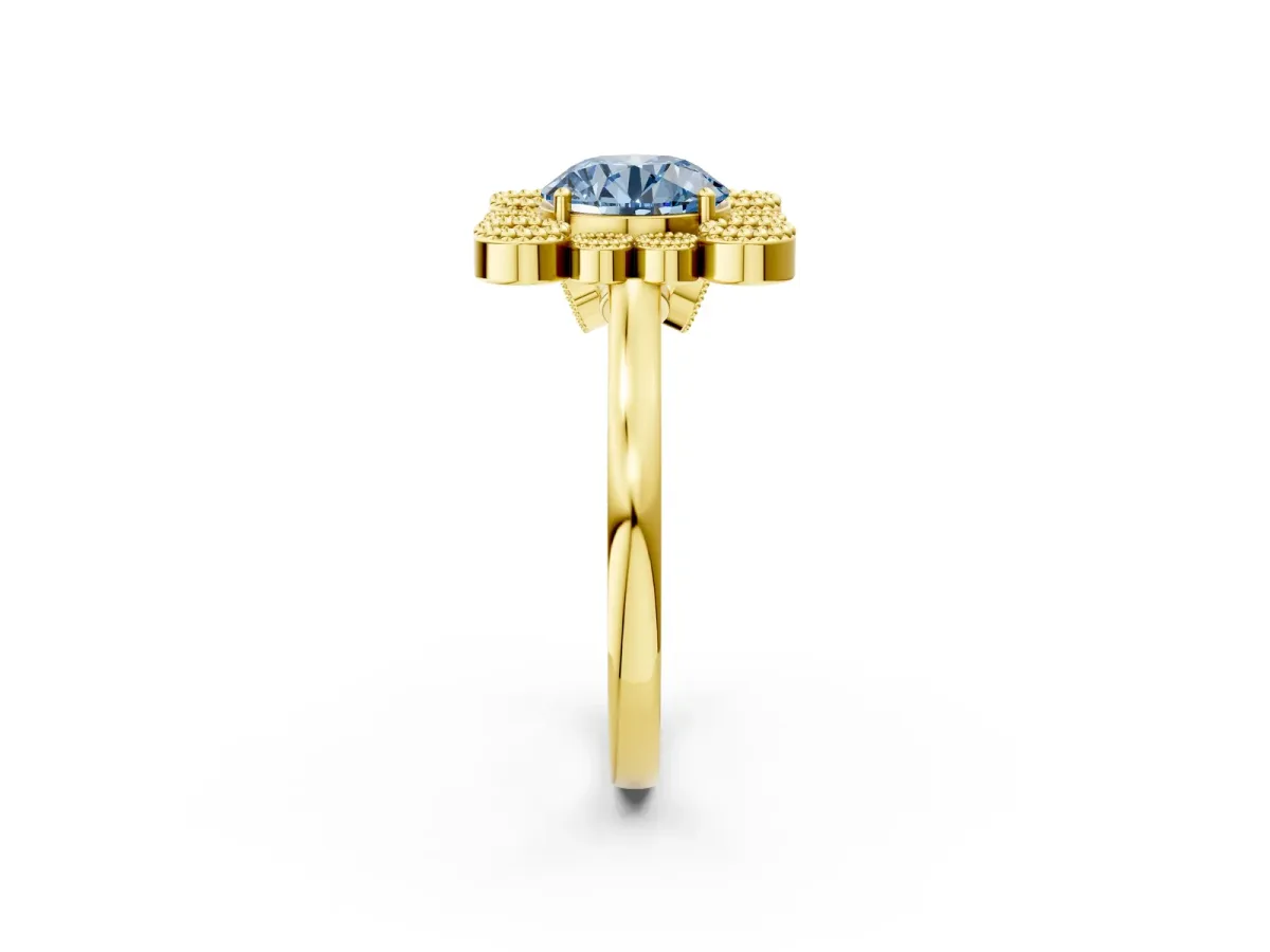 Fancy Blue Round Cut Halo Diamond Cluster Engagement Ring with Milgrain Bezel Setting and Solitaire Band Yellow gold