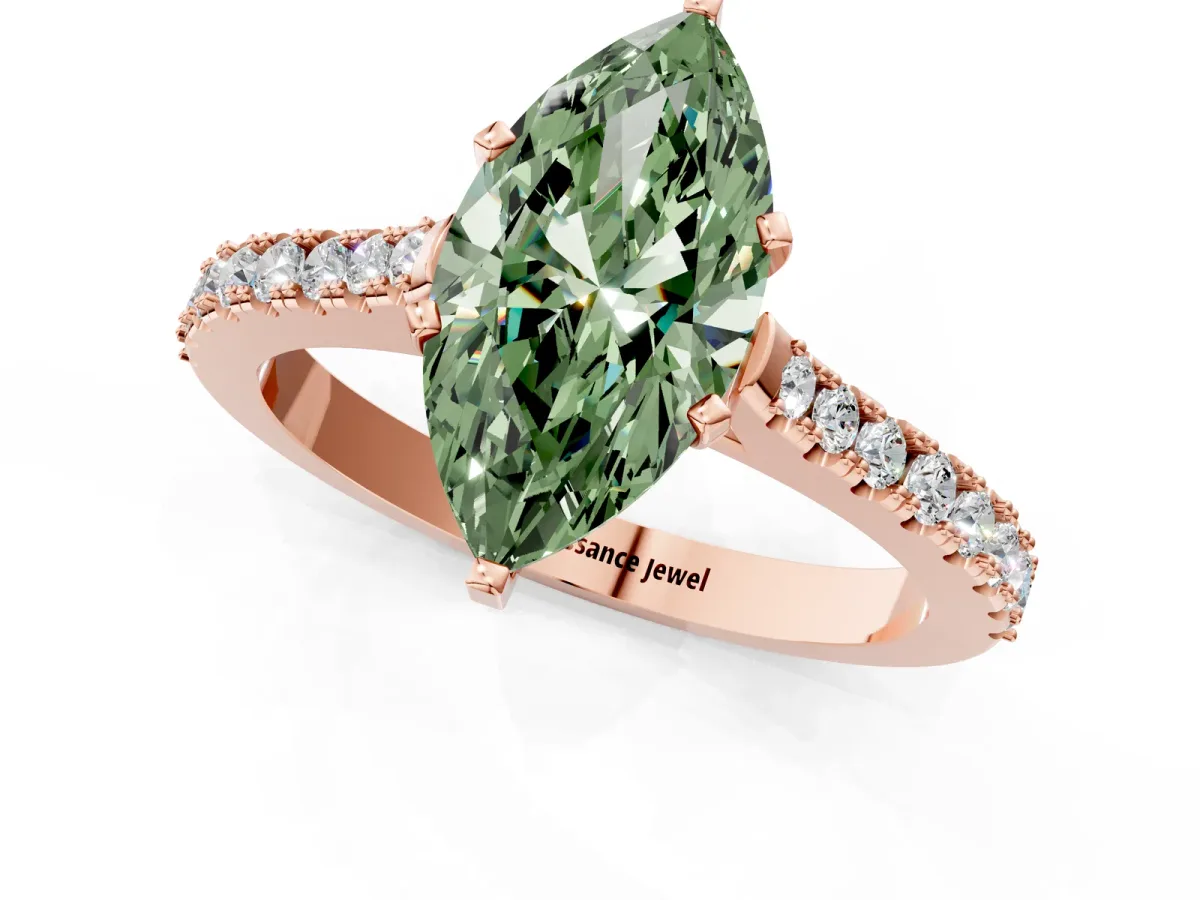 Fancy Green Marquise Cut Cut Solitaire Diamond Engagement Ring with Pave Band and Four-Prong Setting Rose gold