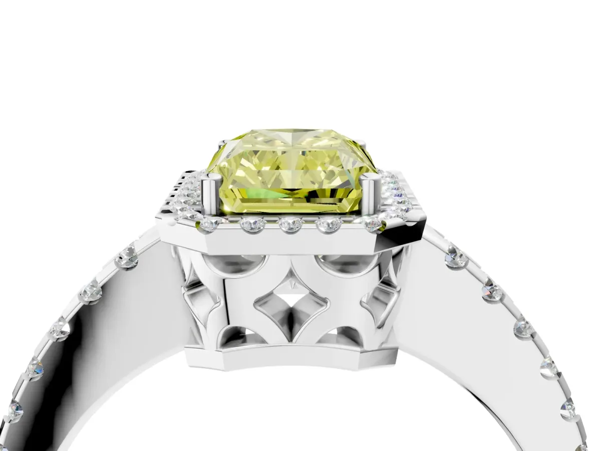 Fancy Yellow Radiant Cut Diamond Halo Engagement Ring with Pavé Band and Prong Setting Platinum