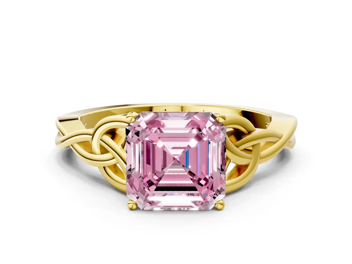 Fancy Pink Asscher Cut Diamond Solitaire Engagement Ring with Celtic Knot Band and Four-Prong Setting Yellow gold