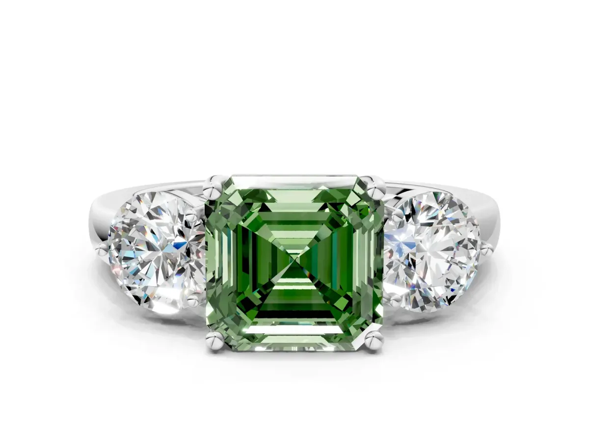 Fancy Green Asscher Cut Diamond Three-Stone Ring with Prong Setting and Classic Band Platinum