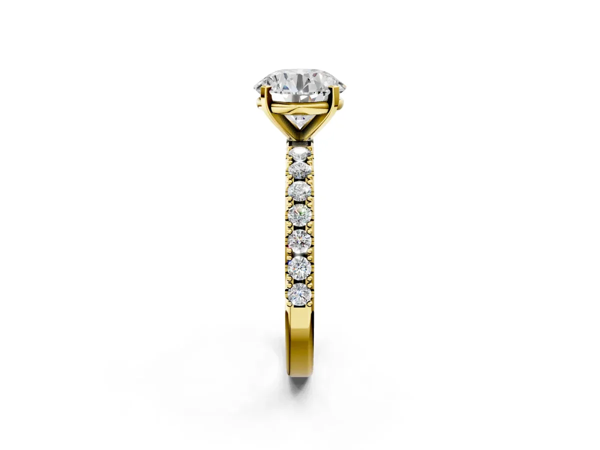 Round Cut Diamond Solitaire Pavé Band with Four-Prong Setting Yellow gold
