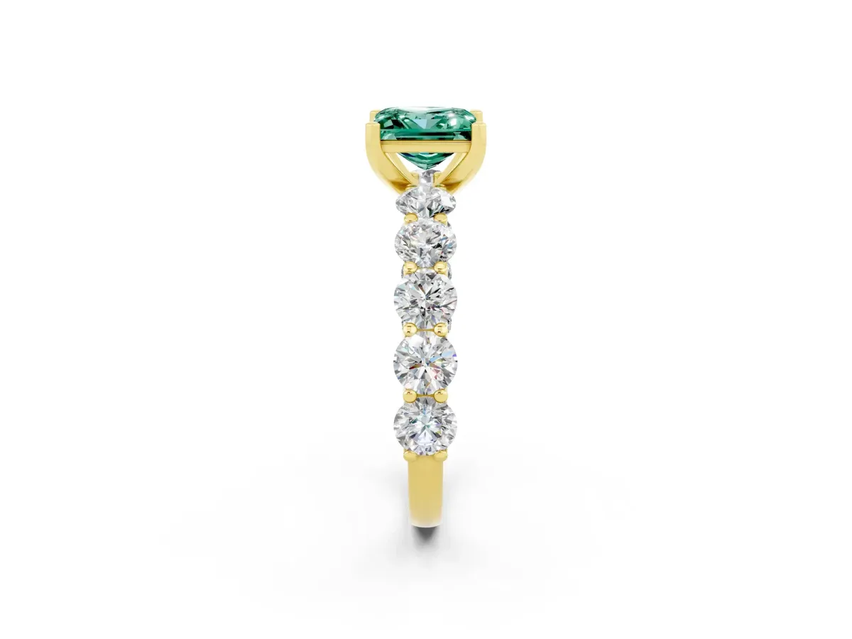 Princess Cut Green Sapphire Prong Setting with Side Stones on a Pave Band Yellow gold