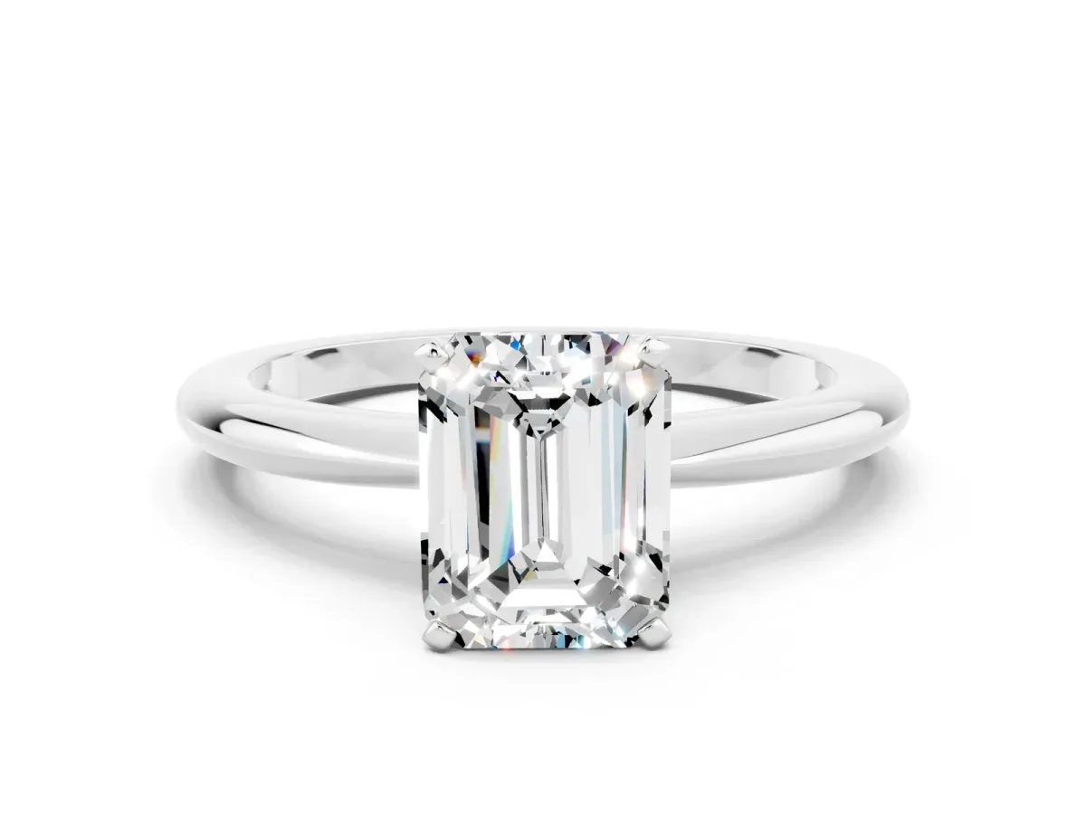 Emerald Cut Moissanite Solitaire Ring with Six-Prong Setting and Classic Band Platinum