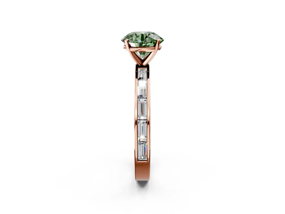 Fancy Green Round Cut Solitaire Diamond Ring with Channel-Set Baguette Band and Four-Prong Setting Rose gold